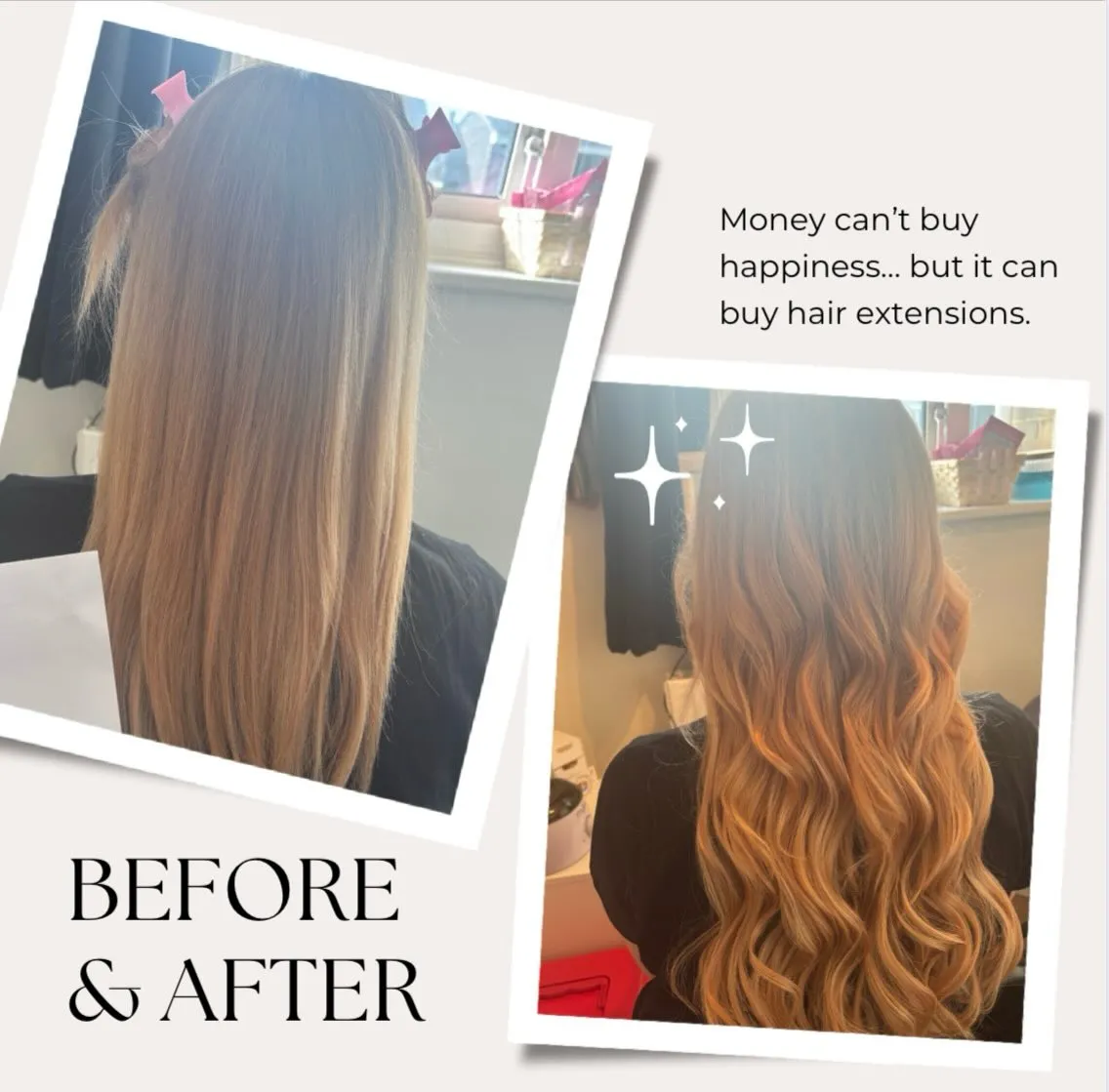 Before and after hair transformation with long, wavy extensions